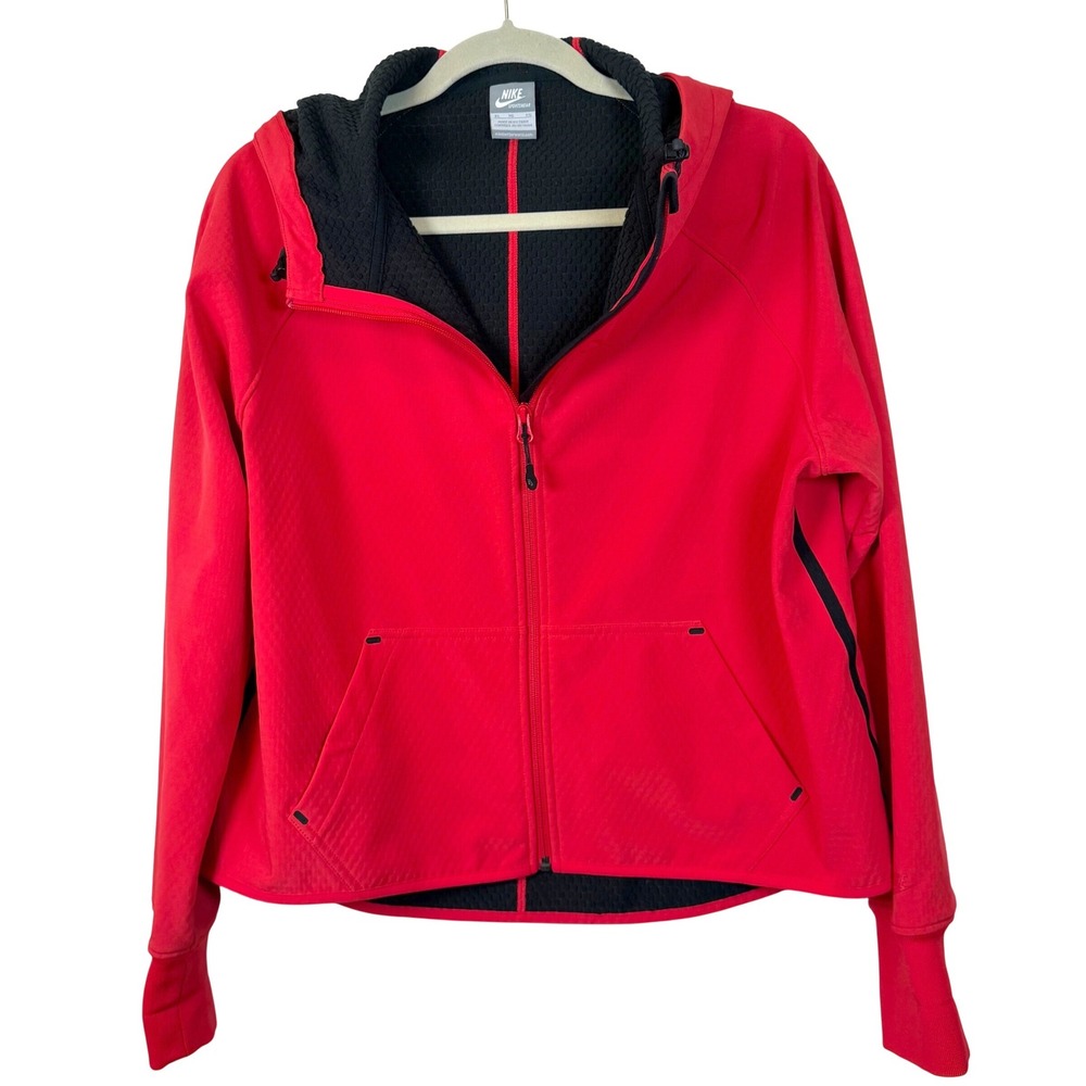 Nike Tech‎ Fleece Hoodie Jacket Women XL Red Full Zip Waffle Lined Athleisure